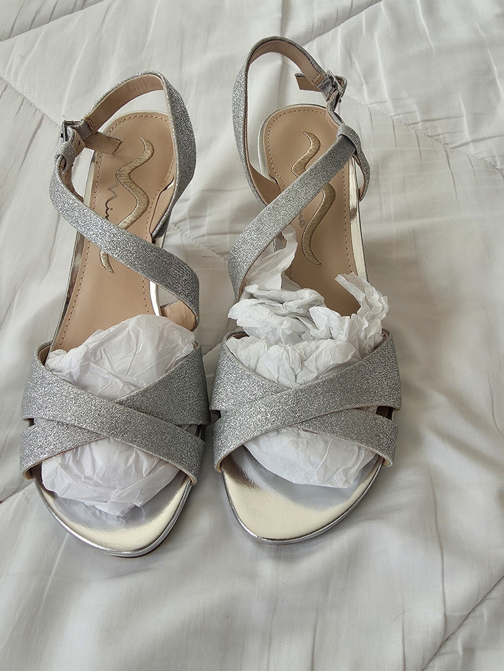 Nina Silver Glitter Crisscross Ankle Strap Heels